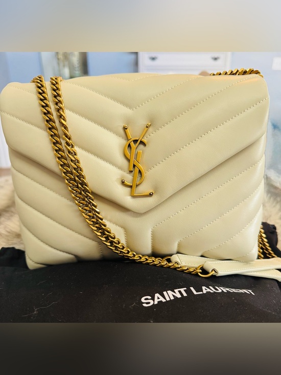 Saint Laurent Handbags - Saint Laurent Small Cream Loulou Leather Shoulder Bag with Gold Chain
